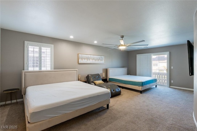 carpeted bedroom featuring recessed lighting, baseboards, access to exterior, and ceiling fan