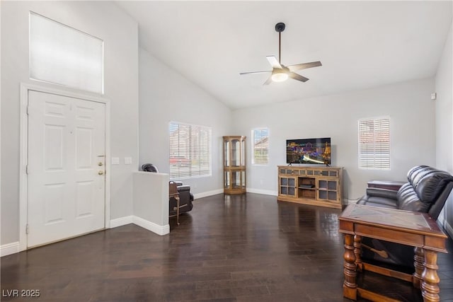 1084 Little House Ct, Henderson, NV 89011 - living room featuring baseboards, ceiling fan, high vaulted ceiling, and wood finished floors