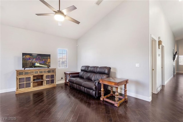 1084 Little House Ct, Henderson, NV 89011 - living room with a ceiling fan, baseboards, wood finished floors, and high vaulted ceiling