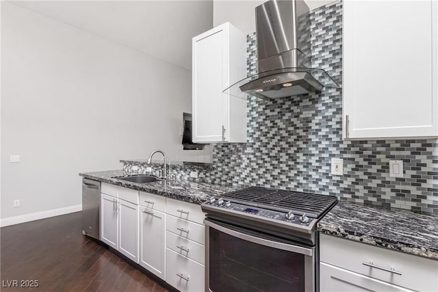 1084 Little House Ct, Henderson, NV 89011 - kitchen with wall chimney range hood, a sink, dark stone countertops, stainless steel appliances, and tasteful backsplash