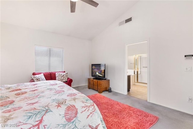 1084 Little House Ct, Henderson, NV 89011 - bedroom featuring ceiling fan, light colored carpet, ensuite bath, high vaulted ceiling, and visible vents