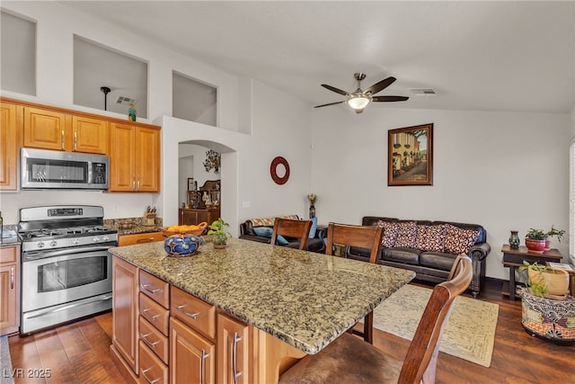 kitchen featuring light stone counters, stainless steel appliances, a ceiling fan, lofted ceiling, and a kitchen bar
