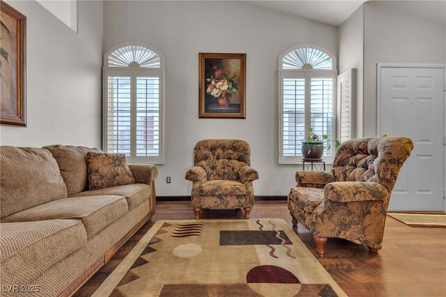 living room with baseboards, vaulted ceiling, and wood finished floors