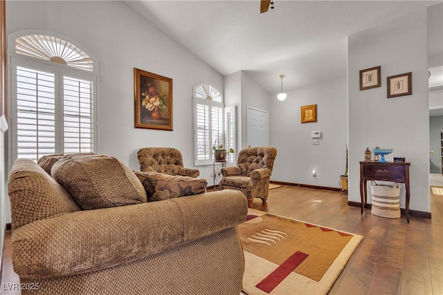 living room featuring wood finished floors, baseboards, and lofted ceiling