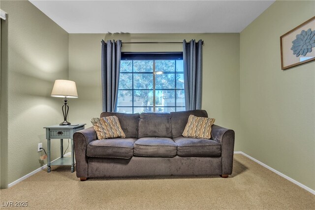 living area featuring carpet floors and baseboards