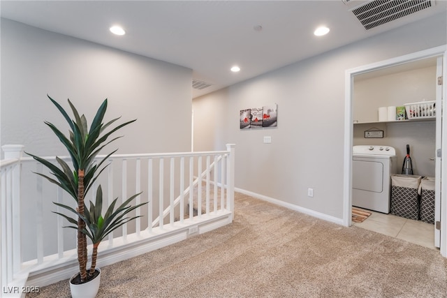 356 Silva Pl, Henderson, NV 89011 - hallway with visible vents, washer / clothes dryer, carpet floors, and an upstairs landing