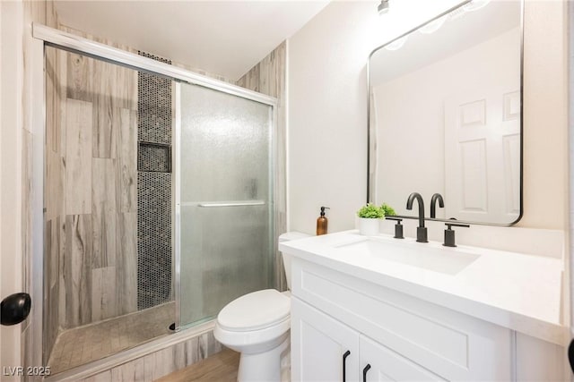 bathroom featuring vanity, toilet, and a shower stall