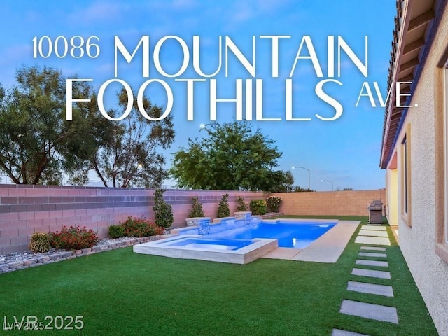 view of pool with a fenced backyard, a fenced in pool, an in ground hot tub, and a yard