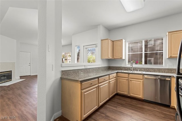 kitchen featuring dishwasher, light brown cabinets, dark wood-style floors, and a sink
