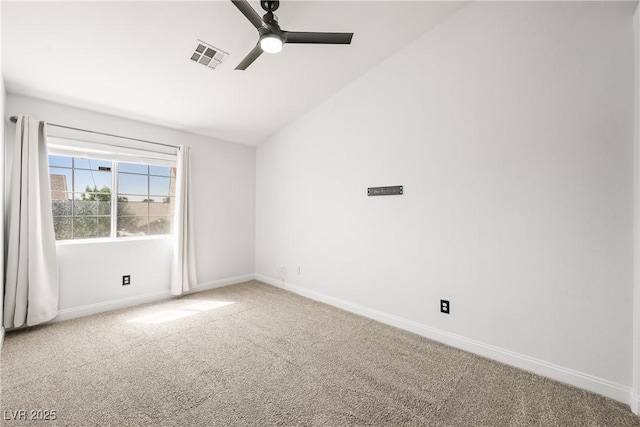 10244 Amber Hue Ln, Las Vegas, NV 89144 - unfurnished room with visible vents, lofted ceiling, baseboards, ceiling fan, and carpet flooring