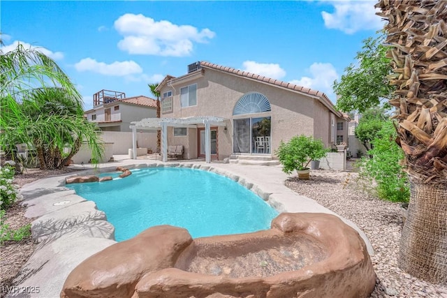 view of swimming pool with a pergola, a fenced in pool, fence, and a patio area