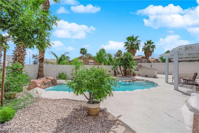 view of swimming pool featuring a pergola, a fenced in pool, a fenced backyard, an in ground hot tub, and a patio area