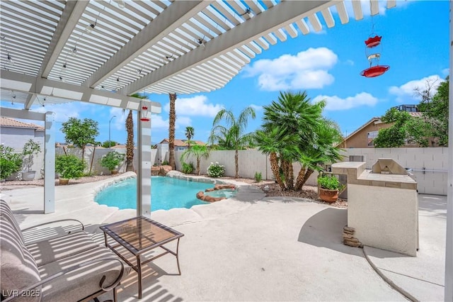 view of pool featuring a patio, a fenced backyard, a pergola, and a fenced in pool