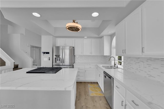 kitchen featuring a sink, white cabinets, stainless steel appliances, and a tray ceiling