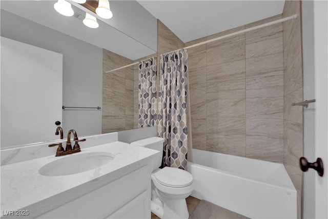 bathroom with vanity, shower / bathtub combination with curtain, and toilet