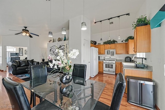 dining area featuring light wood-style floors, rail lighting, a towering ceiling, and ceiling fan
