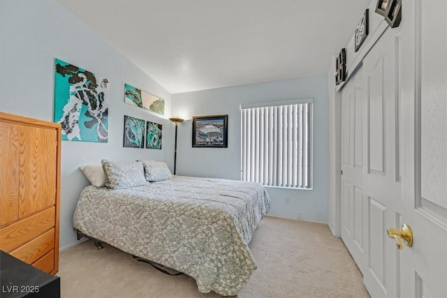bedroom featuring a closet and light colored carpet