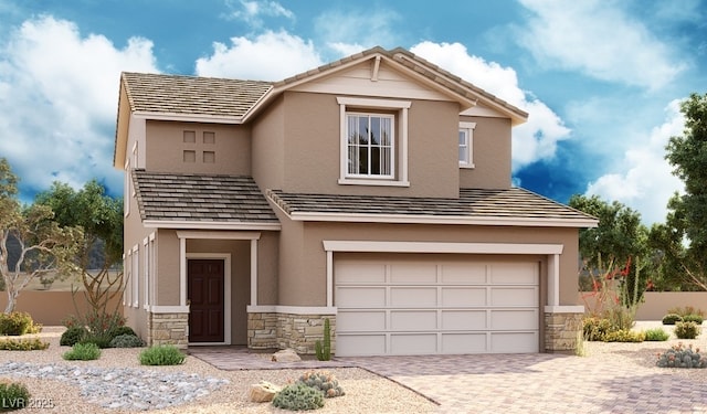 view of front facade featuring decorative driveway, a garage, stucco siding, and stone siding