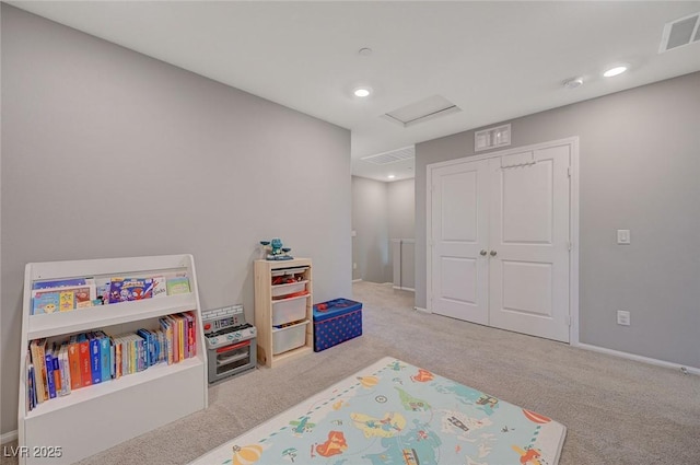 game room with carpet, attic access, recessed lighting, and visible vents