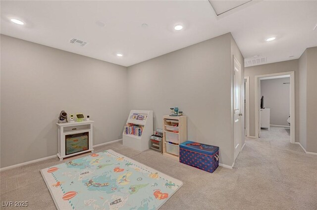 game room with baseboards, carpet flooring, recessed lighting, and visible vents