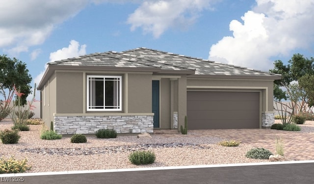 prairie-style house with a garage, stucco siding, driveway, and stone siding