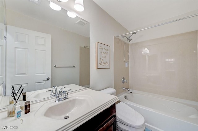 bathroom featuring visible vents, shower / bathtub combination, toilet, and vanity