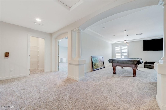 playroom featuring carpet floors, visible vents, decorative columns, baseboards, and pool table
