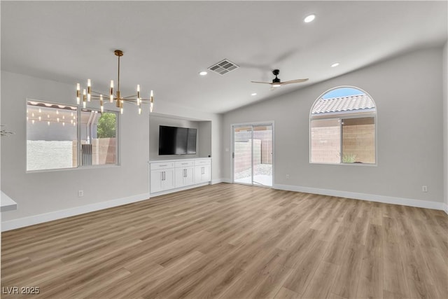 unfurnished living room with visible vents, baseboards, lofted ceiling, recessed lighting, and light wood-style flooring