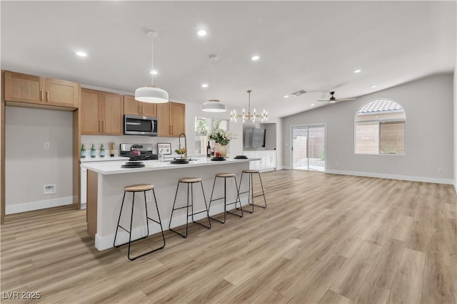 kitchen with appliances with stainless steel finishes, an island with sink, light wood-style flooring, and a healthy amount of sunlight