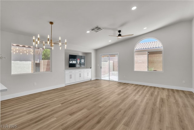 10886 Porto Foxi St, Las Vegas, NV 89141 - unfurnished living room with light wood-style flooring, visible vents, baseboards, lofted ceiling, and recessed lighting