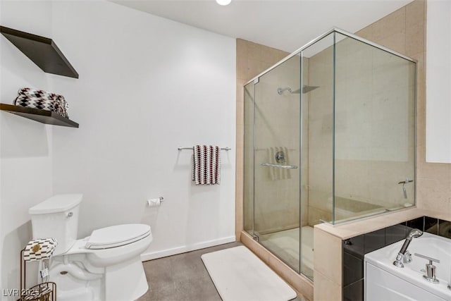 bathroom featuring a bath, concrete floors, a stall shower, and toilet