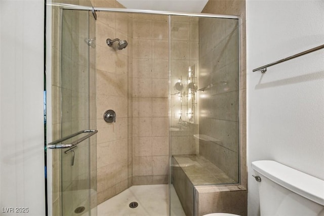 bathroom with a stall shower and toilet