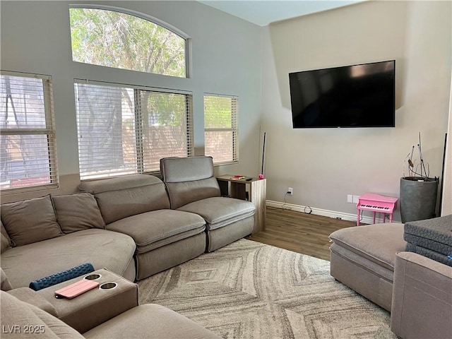 living area featuring baseboards, a towering ceiling, wood finished floors, and a wealth of natural light