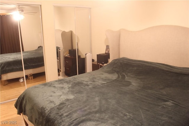 bedroom with two closets and wood finished floors
