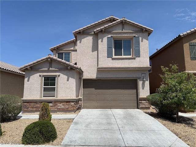 view of front facade featuring an attached garage, stone siding, stucco siding, a tiled roof, and driveway