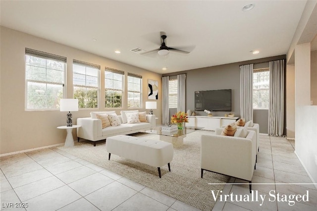 3163 Biccari Ave, Henderson, NV 89044 - living room with light tile patterned flooring, a ceiling fan, recessed lighting, and baseboards
