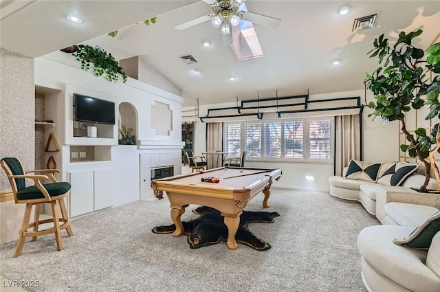 playroom with visible vents, carpet flooring, billiards, and a ceiling fan