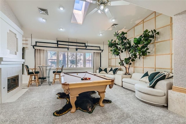 playroom with carpet flooring, visible vents, billiards, and lofted ceiling