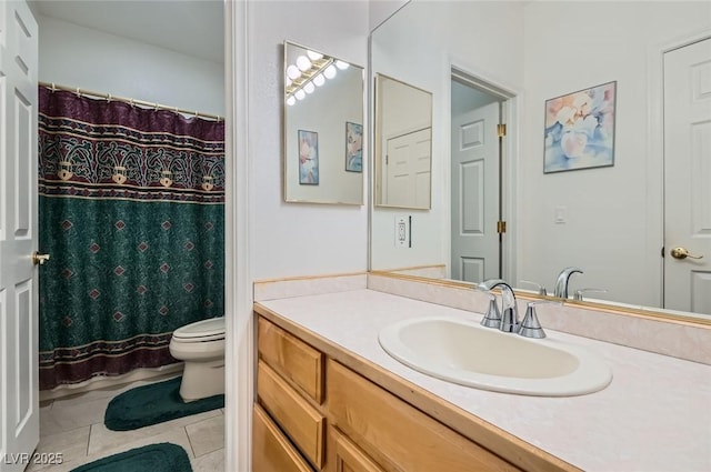 full bath featuring vanity, tile patterned flooring, toilet, and a shower with shower curtain