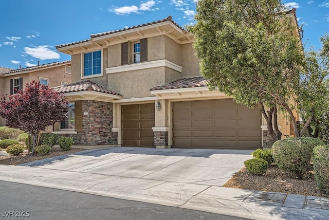 view of front facade featuring stone siding, stucco siding, an attached garage, driveway, and a tile roof