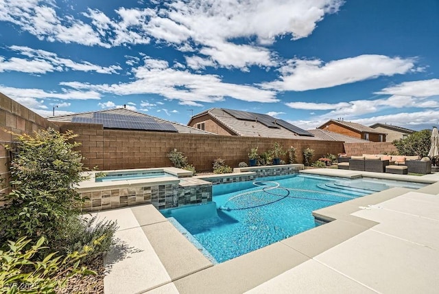 view of pool with an in ground hot tub, a fenced in pool, a fenced backyard, a patio, and outdoor lounge area