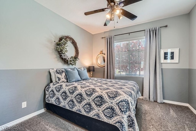 bedroom featuring baseboards, carpet, and ceiling fan