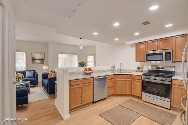 kitchen with a sink, a peninsula, light wood finished floors, open floor plan, and stainless steel appliances