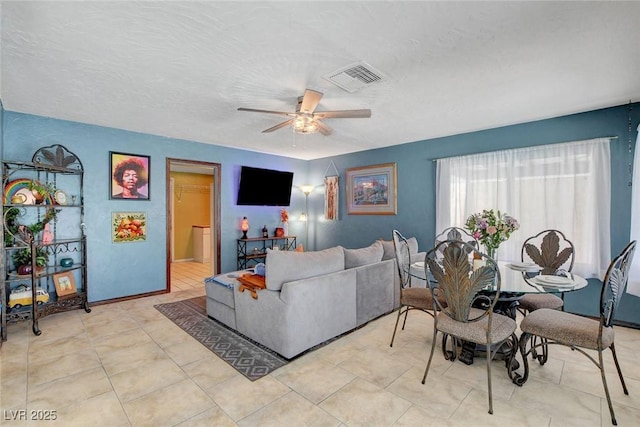 5019 Lancaster Dr, Las Vegas, NV 89120 - living room featuring visible vents, a ceiling fan, a textured ceiling, and light tile patterned floors