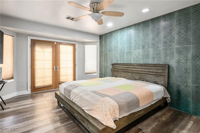 8504 W Gilmore Ave, Las Vegas, NV 89129 - bedroom with french doors, wood finished floors, recessed lighting, baseboards, and ceiling fan