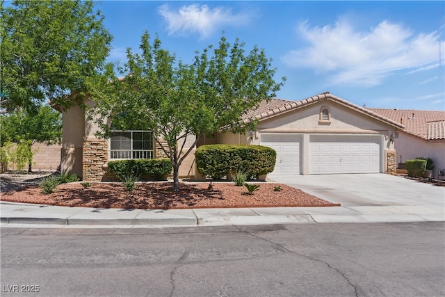 view of front of property with a garage, stucco siding, driveway, and stone siding