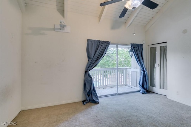 516 Delfern Ln, Las Vegas, NV 89169 - carpeted spare room with beamed ceiling, baseboards, ceiling fan, and high vaulted ceiling