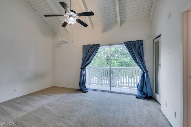 516 Delfern Ln, Las Vegas, NV 89169 - carpeted spare room featuring high vaulted ceiling, a ceiling fan, and wood ceiling with exposed beams