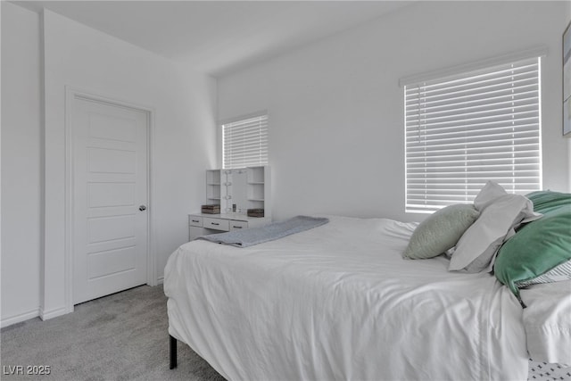 bedroom featuring light colored carpet