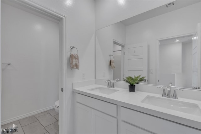 full bathroom with toilet, tile patterned floors, visible vents, and a sink